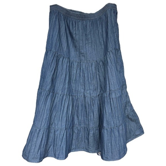 Tiered Beaded Chambray Denim Midi Skirt Size 12 Blue Cottage Boho Western - Picture 8 of 8